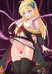 Rule 34 | 1girl, belt, black robe, black thighhighs, blonde hair, blue eyes, blush, breasts, brown footwear, cleft of venus, clothes lift, clothes pull, commentary request, commission, food, food-themed hair ornament, fruit, grape hair ornament, grapes, groin, hair ornament, highres, interspecies, iris (konosuba), issyu kann, kneeling, knees together feet apart, kono subarashii sekai ni shukufuku wo!, long hair, necktie, nipples, no pants, off shoulder, open mouth, panties, panty pull, pink shirt, pixiv commission, pulling another&#039;s clothes, pussy, robe, shirt, shirt lift, shoes, small breasts, striped necktie, tentacles, thigh gap, thighhighs, thighs, torn clothes, torn shirt, trembling, underwear, white panties