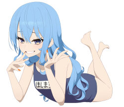 Rule 34 | 1girl, absurdres, alternate costume, armpit crease, barefoot, blue eyes, blue hair, blue one-piece swimsuit, blush, breasts, character name, collarbone, crossed bangs, feet, feet up, full body, gradient background, grey background, hair between eyes, hands up, highres, hololive, hoshimachi suisei, legs, long hair, looking at viewer, lunch boxer, lying, name tag, on stomach, one-piece swimsuit, orange nails, school swimsuit, simple background, small breasts, smile, soles, solo, star (symbol), star in eye, swimsuit, symbol in eye, toes, virtual youtuber, white background