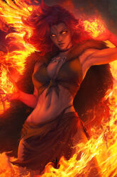 Rule 34 | 1girl, armpits, black choker, breasts, cape, choker, fire, firehair (marvel), fur cape, glowing, glowing eyes, highres, long hair, looking at viewer, marvel, medium breasts, navel, official art, open mouth, phoenix (x-men), pyrokinesis, realistic, red hair, signature, stanley lau, yellow eyes
