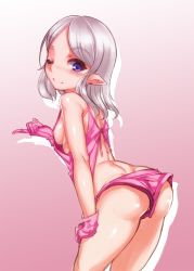 Rule 34 | 1girl, arched back, ass, bad anatomy, bare shoulders, blush, breasts, cowboy shot, elf, gloves, gradient background, harigane shinshi, highres, long hair, looking at viewer, nipple slip, nipples, one eye closed, original, pink background, pink gloves, pointy ears, purple eyes, short shorts, shorts, silver hair, sketch, small breasts, smile, solo