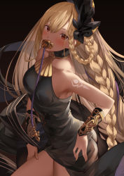 Rule 34 | 1girl, bare shoulders, black bow, blonde hair, bow, braid, dark skin, dark-skinned female, from above, granblue fantasy, halterneck, helel ben shalem, long hair, mouth hold, pacifier, red eyes, solo, suzuame yatsumi, vambraces