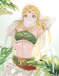 Rule 34 | 1girl, arms behind head, bare shoulders, blonde hair, blurry, blurry foreground, breasts, crop top, detached sleeves, green eyes, green shirt, halterneck, hands in hair, harem outfit, harem pants, head chain, highres, jewelry, leaf, long hair, looking at viewer, medium breasts, midriff, mouth veil, navel, nintendo, pants, parted bangs, princess zelda, shirt, solo, the legend of zelda, the legend of zelda: breath of the wild, thick eyebrows, toned, twitter username, veil, white headwear, white pants, white sleeves, yayoi (chepiiii23)