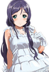 Rule 34 | 10s, 1girl, blush, breasts, dress, gloves, green eyes, hair over shoulder, large breasts, long hair, love live!, love live! school idol project, purple hair, solo, tetsujin momoko, tojo nozomi, twintails