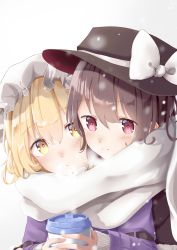Rule 34 | 2girls, absurdres, arm strap, black headwear, black jacket, blonde hair, blush, bow, breath, brown hair, closed mouth, coffee cup, commentary, cup, disposable cup, dot mouth, dress, fedora, hair between eyes, hat, hat bow, highres, holding, holding cup, jacket, long sleeves, looking at another, maribel hearn, mob cap, multiple girls, purple dress, red eyes, scarf, shared clothes, shared scarf, short hair, smile, snowing, sweater, sweater under dress, t-hou, touhou, usami renko, white bow, white headwear, white scarf, white sweater, yellow eyes