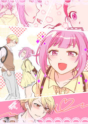 1boy 1girl :d applying_makeup bag blonde_hair blush cosmetics dress heart highres kanamiti7 lipstick lipstick_tube makeup ootori_emu open_mouth pants pink_eyes pink_hair project_sekai shirt short_hair sidelocks smile tenma_tsukasa