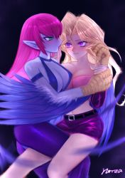 Rule 34 | 2girls, absurdres, artist name, bad id, bad pixiv id, bare shoulders, belt, between legs, black background, blonde hair, blue skin, breasts, cleavage, closed mouth, colored skin, feathered wings, finger in another&#039;s mouth, green eyes, harpie lady, harpie lady (normal monster), harpie lady 1, harpy, highres, holding hands, interspecies, kujaku mai, long hair, looking at another, midriff, miniskirt, monster girl, multiple girls, norza, parted bangs, pink hair, pointy ears, profile, purple eyes, purple skirt, skirt, winged arms, wings, yu-gi-oh!, yu-gi-oh! duel monsters, yuri