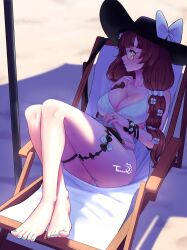 Rule 34 | 1girl, :o, absurdres, beach, beach chair, beach umbrella, bikini, black hat, blush, bow, breasts, brown hair, cleavage, collarbone, glass, granblue fantasy, hair bow, hair ornament, hair scrunchie, hat, highres, large breasts, looking to the side, nail polish, raziel (granblue fantasy), raziel (summer) (granblue fantasy), reading, sand, scrunchie, sun hat, swimsuit, tacochu, thick thighs, thighs, twintails, umbrella, white bikini, white bow, white scrunchie