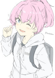 Rule 34 | 1girl, alternate costume, backpack, bag, blue eyes, blush, flying sweatdrops, hood, hood down, hoodie, jacket, kantai collection, long sleeves, ninimo nimo, one-hour drawing challenge, one eye closed, open mouth, pink hair, ponytail, shiranui (kancolle), simple background, solo, twitter username, white background