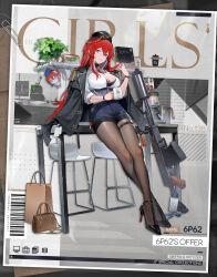 Rule 34 | 1girl, 6p62, 6p62 (6p62&#039;s offer) (girls&#039; frontline), 6p62 (girls&#039; frontline), :&lt;, adjusting hair, bag, bandage on hair, barcode, black choker, black footwear, black hat, black jacket, black pantyhose, blue eyes, blue shorts, book, bra, breasts, brown bag, buckle, chair, character doll, character name, chest strap, choker, cleavage, coffee maker, coffee pot, commentary, company logo, copyright name, crossed ankles, ear piercing, earrings, english commentary, epaulettes, full body, garrison cap, girls&#039; frontline, gold trim, hair between eyes, hair ornament, hairclip, handbag, hat, high collar, high heels, highres, jacket, jacket on shoulders, jewelry, key, lace, lace-trimmed bra, lace trim, lanyard, large breasts, leaning on table, long hair, long sleeves, looking at viewer, office lady, official alternate costume, official art, pantyhose, paperclip, parted lips, partially unbuttoned, patent heels, picture frame, piercing, plant, potted plant, promotional art, pumps, red hair, red soles, second-party source, shirt, shoes, shorts, smile, snap-fit buckle, solo, sticky note, stiletto heels, thigh strap, underwear, very long hair, watch, white shirt, wristwatch