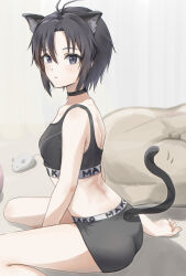 Rule 34 | 1girl, animal ear fluff, animal ears, antenna hair, arm between legs, ass, bare back, barefoot, bean bag chair, between legs, black choker, black eyes, black hair, black panties, black sports bra, blush, breasts, cat ears, cat girl, cat tail, character name, choker, clothes writing, collarbone, commentary, curtains, expressionless, extra ears, from side, hair between eyes, idolmaster, idolmaster (classic), idolmaster 2, kemonomimi mode, kikuchi makoto, light blush, living room, looking at viewer, looking to the side, midriff, mogskg, motion lines, on floor, panties, short hair, sitting, small breasts, soles, solo, sports bra, tail, toes, tomboy, toy mouse, underwear, underwear only, very short hair, wariza
