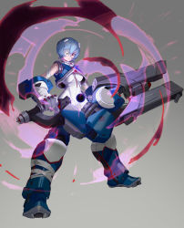 Rule 34 | 1girl, armband, armor, armored boots, ayanami rei, bandaged arm, bandages, blue eyes, blue footwear, blue gloves, blue hair, bodysuit, boots, breasts, closed mouth, cosplay, elbow pads, energy ball, energy gun, eyelashes, eyepatch, full body, gauntlets, gloves, gradient background, gravity gun, gun, highres, holding, holding gun, holding weapon, huge weapon, interface headset, kelvin chan, looking at viewer, medium breasts, neon genesis evangelion, one eye covered, overwatch, overwatch 1, pants, pilot suit, plugsuit, red eyes, short hair, skin tight, sleeveless, solo, standing, weapon, white bodysuit, zarya (overwatch), zarya (overwatch) (cosplay)