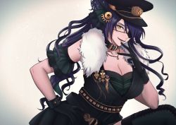 Rule 34 | 1girl, armlet, black gloves, black hair, black thighhighs, breasts, cleavage, collar, dress, eyepatch, feather boa, finger to mouth, gloves, green dress, hair ornament, hair over one eye, hair ribbon, hand on own hip, hat, idol, idolmaster, idolmaster shiny colors, jewelry, large breasts, long hair, military, military hat, military uniform, necklace, opuka, pendant, ribbon, shirase sakuya, smile, thighhighs, uniform, yellow eyes
