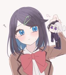Rule 34 | 1boy, 1girl, ?, amethio (pokemon), black hair, blue eyes, blush, bow, bowtie, brown jacket, carrying, closed mouth, commentary request, cowlick, creatures (company), eyelashes, game freak, hair ornament, hairclip, hand up, heart, highres, jacket, liko (pokemon), long hair, looking to the side, nintendo, pokemon, pokemon (anime), pokemon horizons, red bow, red bowtie, rumu-san (rumurumumu), school uniform, shirt, simple background, sweatdrop, white background, white shirt