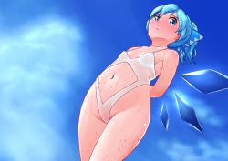 Rule 34 | 1girl, alternate costume, alternate hairstyle, arms behind back, bare shoulders, blue eyes, blue hair, blue ribbon, blue sky, blue theme, blue wings, blush, breasts, cameltoe, cirno, closed mouth, clothing cutout, cloud, collarbone, covered erect nipples, cowboy shot, day, dutch angle, embarrassed, female focus, hair ribbon, ice, ice wings, katsura dendou, looking at viewer, matching hair/eyes, navel, navel cutout, nose blush, one-piece swimsuit, outdoors, ponytail, ribbon, see-through, shiny skin, short hair, sky, small breasts, solo, standing, stomach, sweat, swimsuit, touhou, wet, wet clothes, wet swimsuit, white one-piece swimsuit, wings