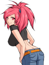 Rule 34 | 00s, 1girl, ass, back, belt, breasts, butt crack, creatures (company), crop top, denim, flannery (pokemon), from behind, game freak, gym leader, highres, jeans, large breasts, long hair, looking back, midriff, nintendo, nuana, pants, pink eyes, pink hair, pokemon, pokemon rse, ponytail, simple background, smile, solo, white background
