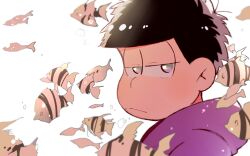 Rule 34 | 1boy, :&lt;, air bubble, angelfish, bubble, expressionless, fish, jitome, looking at viewer, looking back, male focus, matsuno ichimatsu, messy hair, osomatsu-san, portrait, underwater, white background, xxxceller