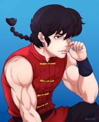 Rule 34 | 1boy, artist name, black eyes, black hair, blue background, braid, braided ponytail, chinese clothes, looking to the side, male focus, muscular, parted lips, ponytail, ranma 1/2, salaiix, saotome ranma, single braid, solo