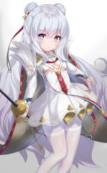 Rule 34 | + +, 1girl, absurdres, azur lane, blue eyes, bow, breasts, brown bow, cape, closed mouth, double bun, dress, flower, gradient background, grey background, hair between eyes, hair bow, hair bun, highres, holding, holding sword, holding weapon, le malin (azur lane), long hair, pantyhose, pleated dress, pocket watch, ponta (velmar), silver hair, skirt, small breasts, solo, striped, striped bow, sword, thighband pantyhose, very long hair, watch, weapon, white background, white cape, white flower, white pantyhose, white skirt