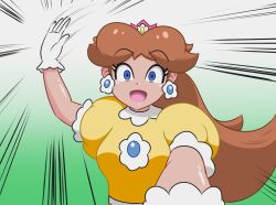 Rule 34 | 1girl, annoyed, blue eyes, brooch, brown hair, crown, earrings, flower earrings, gloves, hand up, highres, jewelry, kirihoshi, long hair, looking at viewer, mario (series), mario party, mario party 3, nintendo, open mouth, princess daisy, puffy short sleeves, puffy sleeves, shiny skin, short sleeves, slapping, tomboy, upper body