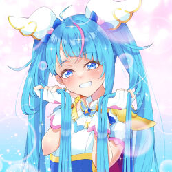 Rule 34 | 1girl, ahoge, blue eyes, blue hair, blush, brooch, commentary request, cure sky, detached sleeves, earrings, fingerless gloves, gloves, grin, highres, hirogaru sky! precure, holding, holding hair, jewelry, long hair, magical girl, mu-chu, precure, puffy detached sleeves, puffy sleeves, single earring, smile, solo, sora harewataru, twintails, very long hair, white gloves, wing brooch, wing hair ornament
