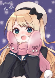 Rule 34 | 1girl, artist name, blonde hair, blue eyes, blue sailor collar, blush, character name, dated, dress, hat, jervis (kancolle), kantai collection, long hair, long sleeves, mittens, open mouth, pink scarf, sailor collar, sailor dress, sailor hat, scarf, signature, silica (silica silylate), solo, teeth, upper body, upper teeth only, white hat
