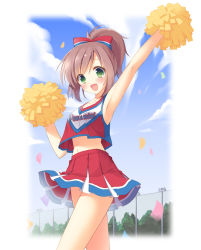 Rule 34 | 1girl, :d, arm up, armpits, bad id, bad pixiv id, blush, bow, brown hair, chain-link fence, cheerleader, clothes lift, cloud, confetti, day, fence, green eyes, hair bow, hair up, midriff, miniskirt, open mouth, original, outdoors, pan (mimi), pleated skirt, pom pom (cheerleading), ponytail, red skirt, skirt, skirt lift, sky, smile, solo, striped clothes, striped skirt, wind, wind lift