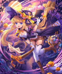 Rule 34 | 1girl, :d, absurdres, bat (animal), black dress, blonde hair, blue eyes, blurry, blurry background, blush, boots, bow, breasts, broom, broom riding, brown footwear, cleavage, depth of field, dress, fang, flying, full body, gloves, hat, hat bow, highres, looking at viewer, medium hair, open mouth, orange bow, original, purple hat, purple vest, shichigatsu, smile, solo, thighhighs, vest, white gloves, white thighhighs, witch, witch hat