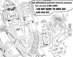 Rule 34 | 1boy, 1girl, ^^^, bb (baalbuddy), blush, breasts, cleavage, commentary, d:, elf, english commentary, english text, fake horns, fangs, gatling gun, greyscale, hands up, helmet, highres, holding, holding wrench, horned helmet, horns, jacket, long hair, long sleeves, monochrome, open mouth, orc, original, pointy ears, profanity, rejection, robot, round eyewear, shoulder cannon, wrench