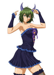 Rule 34 | 00s, 1girl, bare shoulders, blue dress, breasts, cleavage, collarbone, detached sleeves, dress, eyebrows, fake horns, green eyes, green hair, hair between eyes, horns, ikkitousen, kyocho chuukou, large breasts, long hair, looking at viewer, matching hair/eyes, short hair, simple background, solo, strapless, strapless dress, thighhighs, white background