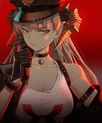 Rule 34 | 1girl, absurdres, arknights, arm strap, black choker, black gloves, black hat, black jacket, breasts, choker, closed mouth, collarbone, commentary request, dragon horns, duanlie heng xian, gloves, grey hair, hat, highres, horns, jacket, large breasts, long hair, looking at viewer, official alternate costume, orange eyes, peaked cap, police hat, red background, saria (arknights), saria (the law) (arknights), shirt, single bare shoulder, solo, upper body, very long hair, white shirt