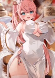 Rule 34 | absurdres, aqua eyes, azur lane, bamboo steamer, bare shoulders, blush, breasts, china dress, chinese clothes, cleavage, cowboy shot, detached sleeves, dress, feathered wings, food, hair ornament, highres, holding, holding tray, large breasts, long hair, looking at viewer, open mouth, pink hair, smile, theseus (azur lane), theseus (new year&#039;s white plumage) (azur lane), thighhighs, tray, watage tanpopo, white dress, wings