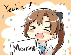 Rule 34 | &gt; &lt;, 10s, 1girl, :d, > <, akigumo (kancolle), bad id, bad pixiv id, blush stickers, bow, brown hair, engiyoshi, english text, closed eyes, hair bow, hair ribbon, holding, kantai collection, looking at viewer, notebook, open mouth, ponytail, ribbon, school uniform, smile, solo, xd