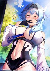 Rule 34 | 1girl, absurdres, asymmetrical hair, between breasts, black gloves, black hairband, black leotard, blue cape, blue hair, blue neckwear, blue sky, blush, breasts, bug, butterfly, cape, eula (genshin impact), fantongjun, genshin impact, gloves, groin, hair ornament, hairband, highres, insect, large breasts, leotard, long sleeves, looking at viewer, medium hair, necktie, notice lines, one eye closed, purple eyes, sidelocks, sky, thighs, v, wading, water, wet, wet clothes