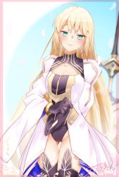 Rule 34 | ahoge, artoria caster (fate), artoria caster (third ascension) (fate), artoria pendragon (fate), ballpoint pen (medium), black gloves, black panties, blonde hair, blush, border, character cutout, clothes lift, commentary request, fate/grand order, fate (series), gloves, green eyes, highres, light smile, long hair, long sleeves, looking at viewer, millipen (medium), nakoya (nane cat), panties, pantyshot, plant, puffy long sleeves, puffy sleeves, signature, skirt, skirt lift, smile, thighhighs, traditional media, underwear