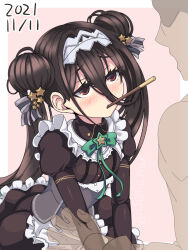 Rule 34 | 1boy, 1girl, aqua bow, black dress, black hair, blush, bow, collared dress, corset, dated, deni m, double bun, dress, eyelashes, food in mouth, frilled dress, frills, hair between eyes, hair bun, hair ornament, juliet sleeves, long sleeves, looking at another, maid headdress, official alternate costume, official alternate hairstyle, open mouth, pocky, pocky day, pocky in mouth, puffy sleeves, purple eyes, shichiseiken (tenka hyakken), star (symbol), star hair ornament, surprised, tenka hyakken, twintails, v arms