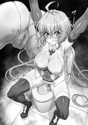 Rule 34 | 1girl, ahoge, armpits, arms up, ass, boots, breasts, cameltoe, clenched teeth, covered navel, greyscale, hair between eyes, high heel boots, high heels, large breasts, leotard, long hair, low twintails, monochrome, nipples, senki zesshou symphogear, solo, sweat, syunzou, teeth, thigh boots, thighhighs, tile floor, tiles, twintails, very long hair, yukine chris