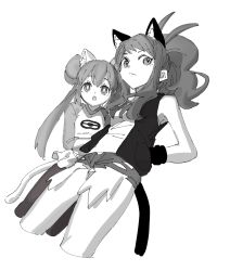 Rule 34 | 2girls, animal ears, ankea (a-ramo-do), bare shoulders, breasts, cat ears, cat tail, closed mouth, creatures (company), cropped legs, double bun, dutch angle, female focus, game freak, greyscale, hair bun, hand in pocket, highres, hilda (pokemon), long hair, long sleeves, looking to the side, monochrome, multiple girls, nintendo, open mouth, pantyhose, poke ball symbol, poke ball theme, pokemon, pokemon bw, pokemon bw2, ponytail, raglan sleeves, rosa (pokemon), shirt, short shorts, shorts, simple background, sleeveless, sleeveless shirt, small breasts, standing, tail, twintails, vest, white background, wristband, yuri
