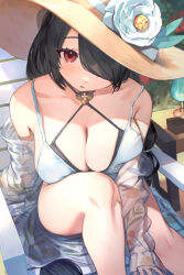 Rule 34 | 1girl, absurdres, black hair, blue archive, breasts, cleavage, flower, hair over one eye, hat, hat flower, highres, hinata (blue archive), hinata (swimsuit) (blue archive), large breasts, long hair, looking at viewer, one-piece swimsuit, red eyes, see-through, see-through shirt, shirt, sitting, solo, swimsuit, ubo (ubo tales), white flower, white one-piece swimsuit, white shirt, yellow hat