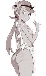 Rule 34 | 1girl, apron, ass, bad id, bad twitter id, breasts, covered erect nipples, creatures (company), flower, from side, game freak, greyscale, grin, hair flower, hair ornament, long hair, looking at viewer, looking to the side, mallow (pokemon), monochrome, naked apron, nintendo, noripachi, pokemon, pokemon sm, sideboob, simple background, small breasts, smile, solo, white background