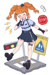 1girl absurdres armband belt belt_buckle black_belt black_gloves black_shorts blowing_whistle blue_armband blue_hat blue_necktie blue_shirt blue_skirt blunt_bangs blush breast_pocket buckle chest_harness closed_eyes collared_shirt concept_police_(idolmaster) crosswalk cuffs curtained_hair dot_nose elbow_gloves fingerless_gloves full_body garrison_cap garter_straps gloves handcuffs harness hat highres idolmaster idolmaster_million_live! idolmaster_million_live!_theater_days medium_hair mini_hat necktie official_alternate_costume orange_hair pleated_skirt pocket police police_uniform policewoman road_sign school_crossing_sign shirt short_shorts short_sleeves shorts shoulder_boards side_slit sidelocks sign sizmaru11 skirt solo standing stop_sign takatsuki_yayoi thigh_strap tilted_headwear traffic_light twintails v-shaped_eyebrows wavy_hair white_background zipper_pull_tab zipper_skirt