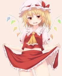 Rule 34 | 1girl, ascot, beige background, blush, bow, clothes lift, collarbone, commentary request, cowboy shot, crystal, fangs, flandre scarlet, frilled ascot, frilled shirt collar, frills, gluteal fold, hat, hat bow, highres, lifting own clothes, looking at viewer, midriff peek, miyo (ranthath), mob cap, navel, one side up, open mouth, outline, puffy short sleeves, puffy sleeves, red bow, red skirt, red vest, short hair, short sleeves, simple background, skirt, skirt lift, smile, solo, standing, thighs, touhou, vest, white hat, white outline, wings, yellow ascot