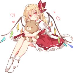 Rule 34 | 1girl, absurdres, ahoge, blonde hair, blush, bow, dress, flandre scarlet, frilled dress, frills, full body, hair between eyes, hair bow, heart, highres, long hair, hugging object, paragasu (parags112), red dress, red wristband, shirt, simple background, sketch, socks, solo, stuffed animal, stuffed toy, teddy bear, touhou, white background, white bow, white shirt, white socks, wings