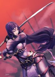 Rule 34 | &gt;:), 1girl, armor, bodysuit, breasts, cowboy shot, fate/grand order, fate (series), highres, holding, holding sword, holding weapon, itaco, japanese armor, kote, large breasts, long hair, looking away, minamoto no raikou (fate), parted lips, purple bodysuit, purple eyes, purple hair, smile, solo, sword, v-shaped eyebrows, very long hair, weapon