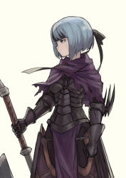 Rule 34 | 1girl, arm blade, armor, armored boots, axe, bad id, bad pixiv id, beruka (fire emblem), black eyes, boots, breasts, capelet, cowboy shot, fire emblem, fire emblem fates, gauntlets, headband, nintendo, pelvic curtain, profile, short hair, silver hair, simple background, small breasts, solo, weapon, white background, yuhkirby