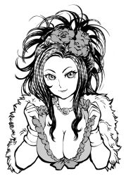 Rule 34 | 1girl, breasts, cleavage, deborah (dq5), dragon quest, dragon quest v, flower, greyscale, hair flower, hair ornament, jewelry, large breasts, monochrome, necklace, smile, solo, ueyama michirou