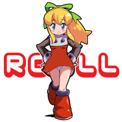 Rule 34 | 1girl, bag, black shirt, blonde hair, blue eyes, boots, character name, closed mouth, commentary request, dress, flat chest, frilled dress, frills, full body, green ribbon, hair ribbon, hands on own hips, highres, ki (adotadot), knee boots, long hair, long sleeves, looking at viewer, mega man (classic), mega man (series), panties, pantyshot, ponytail, red dress, red footwear, ribbon, roll (mega man), shadow, shirt, sidelocks, smile, solo, standing, turtleneck, turtleneck dress, undershirt, underwear, walking, white background, white panties