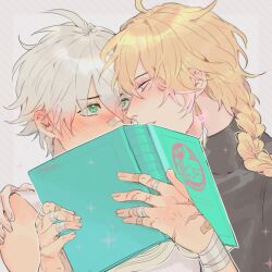 Rule 34 | 2boys, aether (genshin impact), ahjojing, arm around back, bandaged wrist, bandages, bandaid, bandaid on face, bandaid on hand, bandaid on nose, bennett (genshin impact), blonde hair, blush, book, braid, couple, covered mouth, earrings, eye contact, face-to-face, furrowed brow, genshin impact, green eyes, grey hair, hair between eyes, half-closed eyes, hand on another&#039;s shoulder, highres, holding, holding book, imminent kiss, jewelry, light smile, long hair, looking at another, male focus, multiple boys, nose blush, open book, parted lips, scar, scar on hand, short hair, upper body, yaoi
