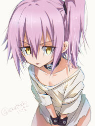 Rule 34 | 1girl, akatsuki (ggsy7885), collar, collarbone, commentary request, cuffs, highres, long hair, looking at viewer, purple hair, shirt, side ponytail, solo, t-shirt, tensei shitara slime datta ken, tongue, tongue out, ultima (tensei shitara slime datta ken), white background, yellow eyes