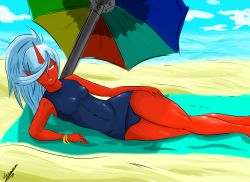 Rule 34 | 10s, 1girl, artist request, blue hair, colored skin, demon girl, drawfag, highres, horns, kneesocks (psg), long hair, panty &amp; stocking with garterbelt, ponytail, red skin, solo, source request, swimsuit, yellow eyes