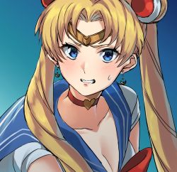 Rule 34 | 1girl, bishoujo senshi sailor moon, blonde hair, blue background, blue eyes, blue sailor collar, bow, bowtie, breasts, choker, cleavage, clenched teeth, crescent, crescent earrings, derivative work, diadem, double bun, earrings, from side, hair bun, hair ornament, heart, heart choker, highres, hotate-chan, jewelry, meme, parted bangs, red bow, red bowtie, red choker, sailor collar, sailor moon, sailor moon redraw challenge (meme), screenshot redraw, simple background, solo, sweatdrop, teeth, tsukino usagi, twintails, upper body